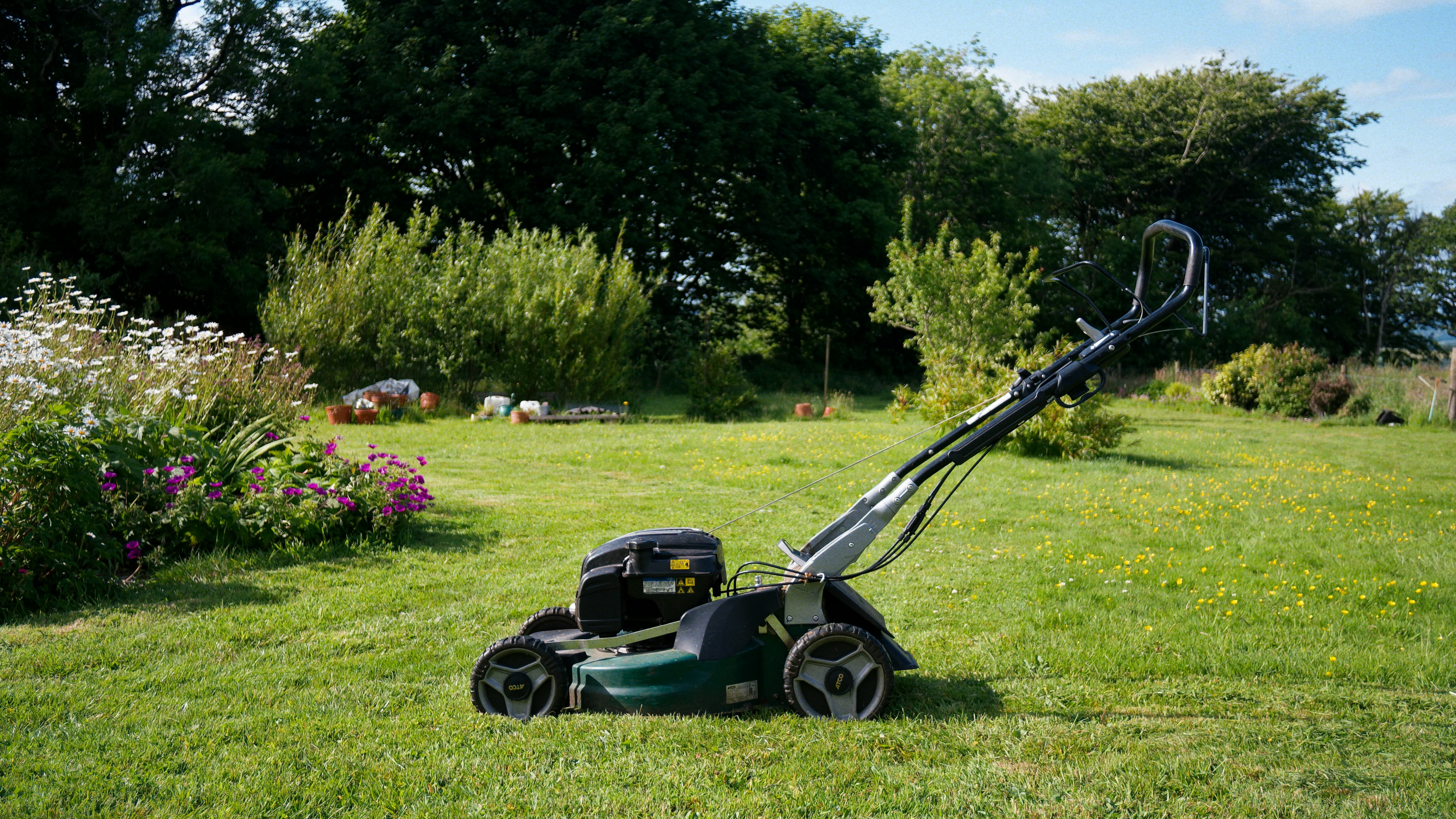 Lawn mower on green grass