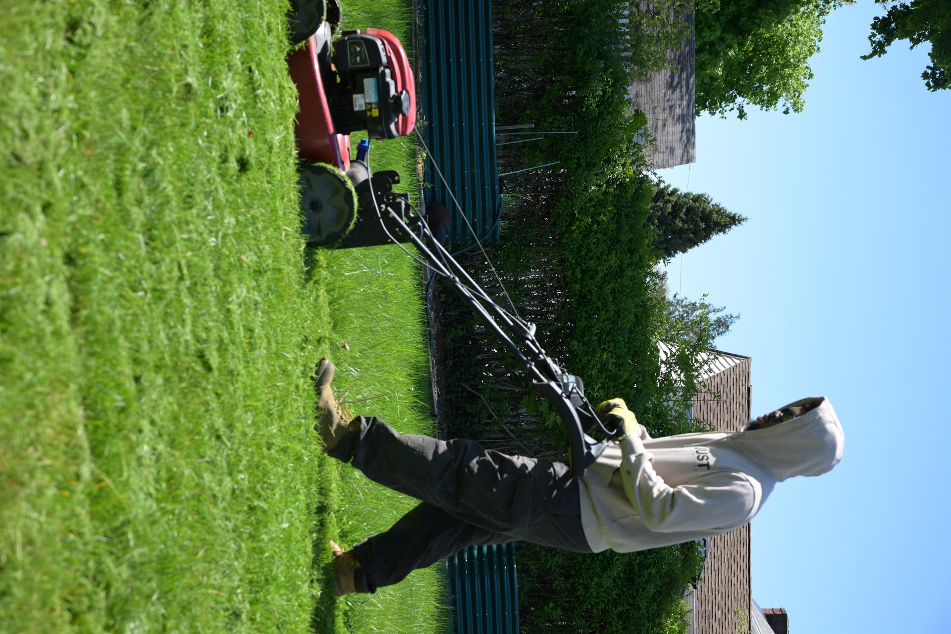 Crew member edging a lawn with precision near a paved walkway